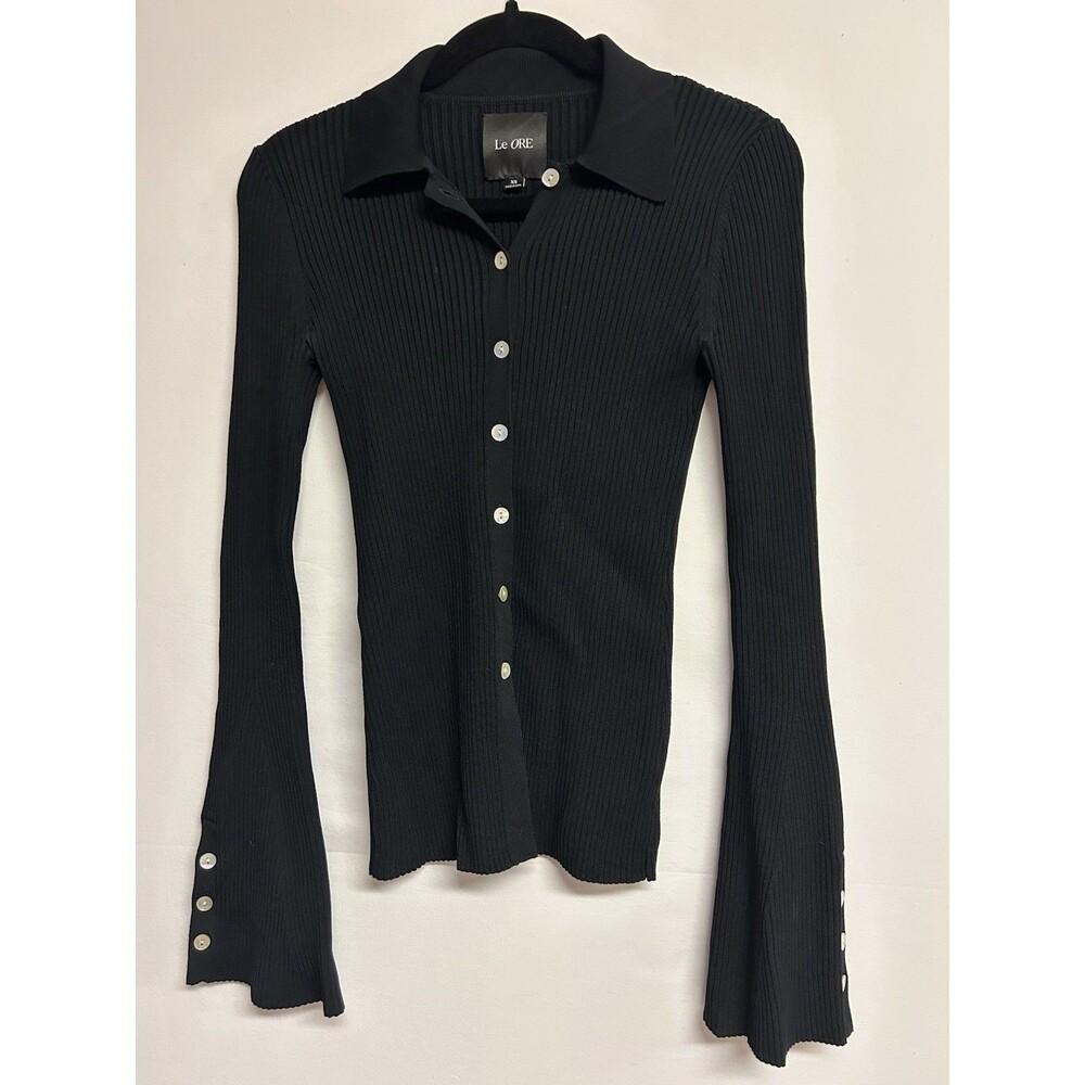 LE ORE Womens XS Black Rimini Flared Ribbed Collared Cardigan Button Up Top